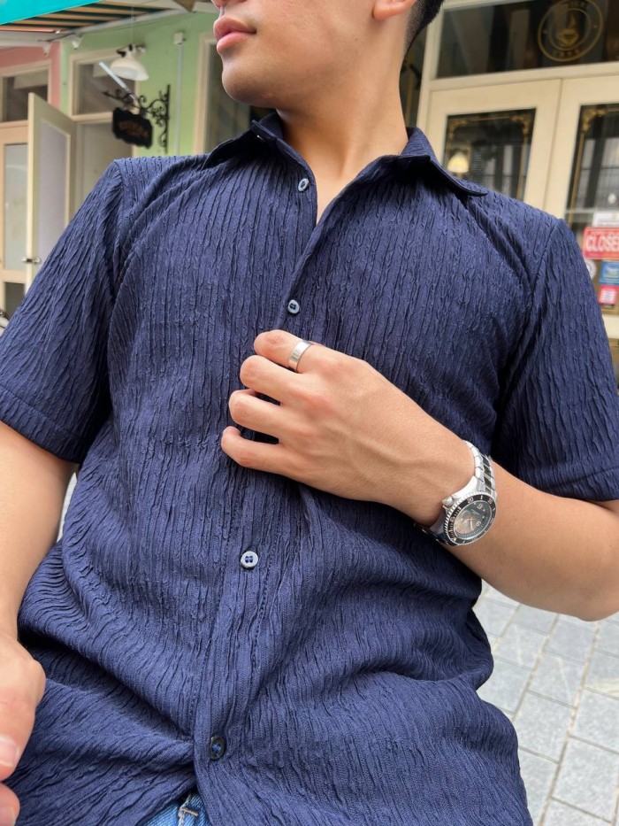 IRONLESS CRINKLE & LAYERS SHIRT - NAVY BLUE